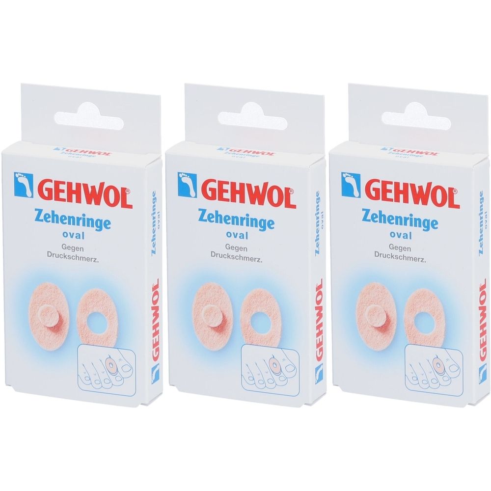 Drei Schachteln mit GEHWOL Zehenringe oval. Weiße Verpackung mit Produktabbildung und Text. Ovale, rosafarbene Ringe.