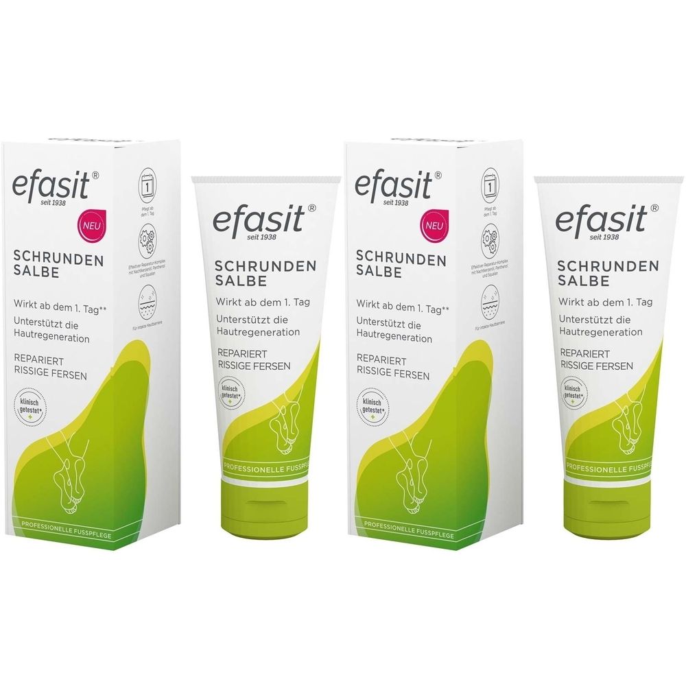 Drei Tuben und zwei Kartons mit Produktaufdruck. Aufschrift: efasit Schrunden Salbe. Grün-weiße Farbgebung.