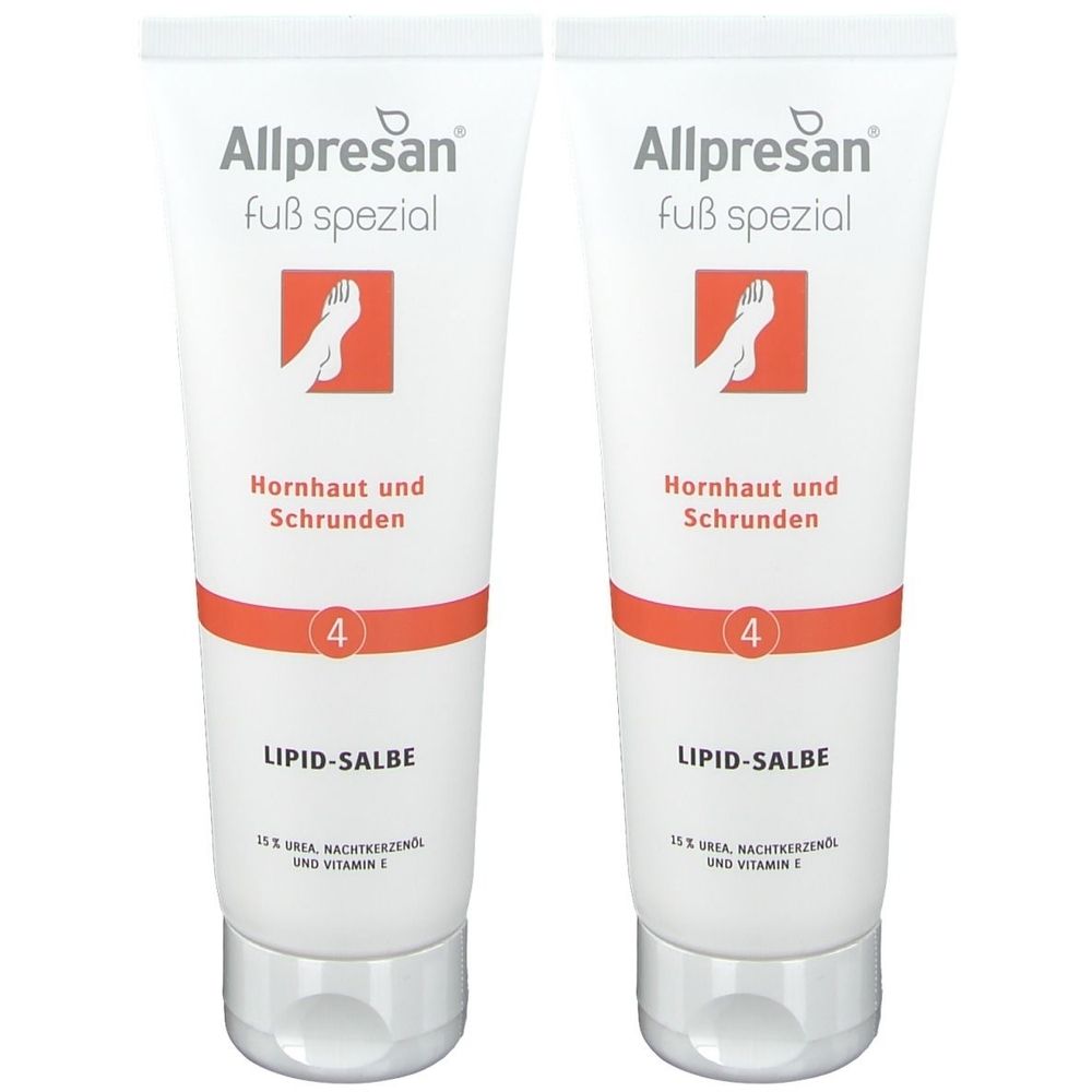 Zwei Tuben Allpresan Fuß spezial Nr. 4 Lipid-Salbe. Weiße Tuben mit roter und silberner Beschriftung. Aufschrift: Hornhaut und Schrunden.