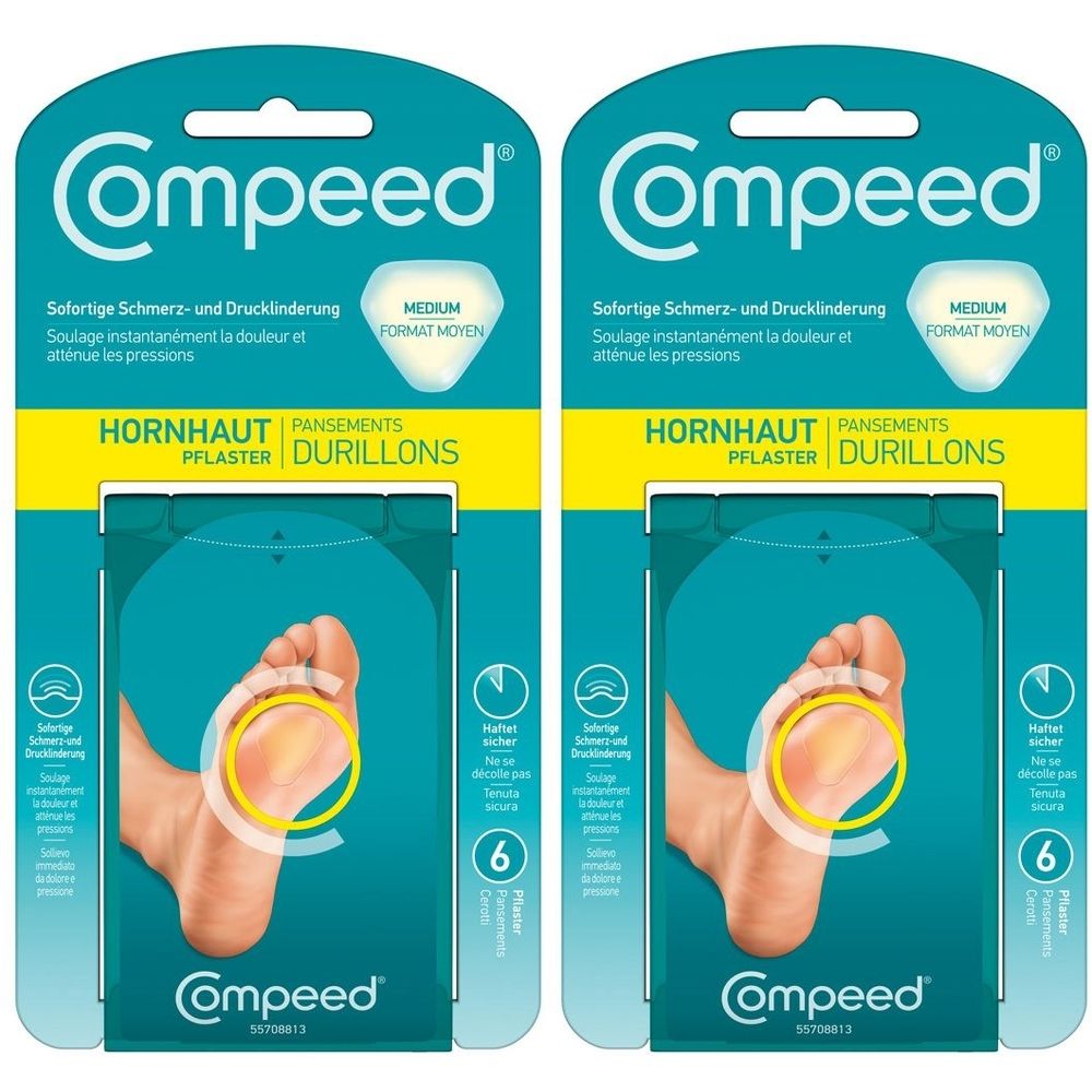 Zwei Packungen Compeed® Hornhaut Pflaster Medium. Jede Packung zeigt ein Fußmodell mit gelber Markierung. Text: Sofortige Schmerz- und Drucklinderung.