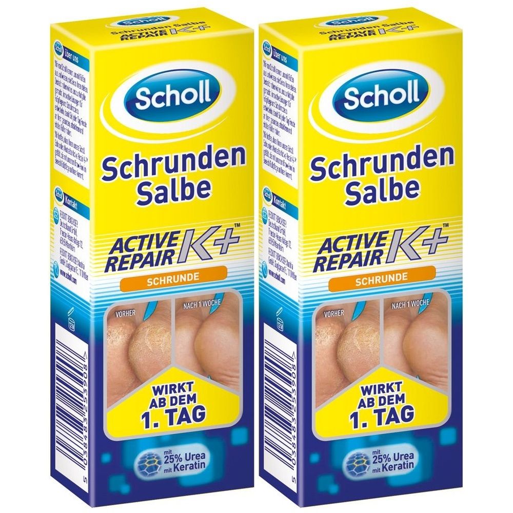 Zwei Schachteln Scholl Schrunden Salbe. Gelbe Verpackung mit Produktnamen und Logo. Enthält Active Repair K+ und 25% Urea + Keratin.