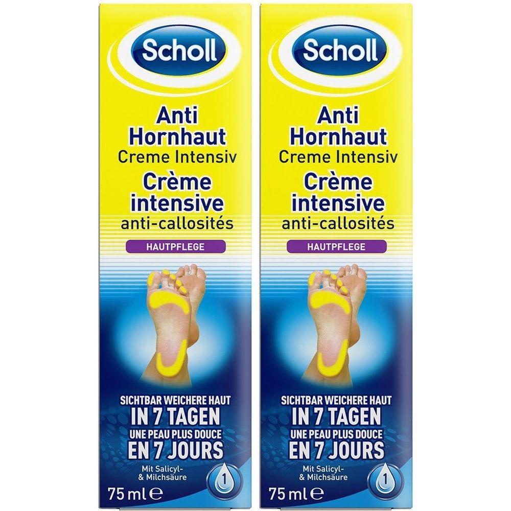 Zwei Tuben Scholl Anti-Hornhaut Creme Intensiv. Gelbe und blaue Verpackung mit Produktnamen und Fußabbildung. 75 ml.