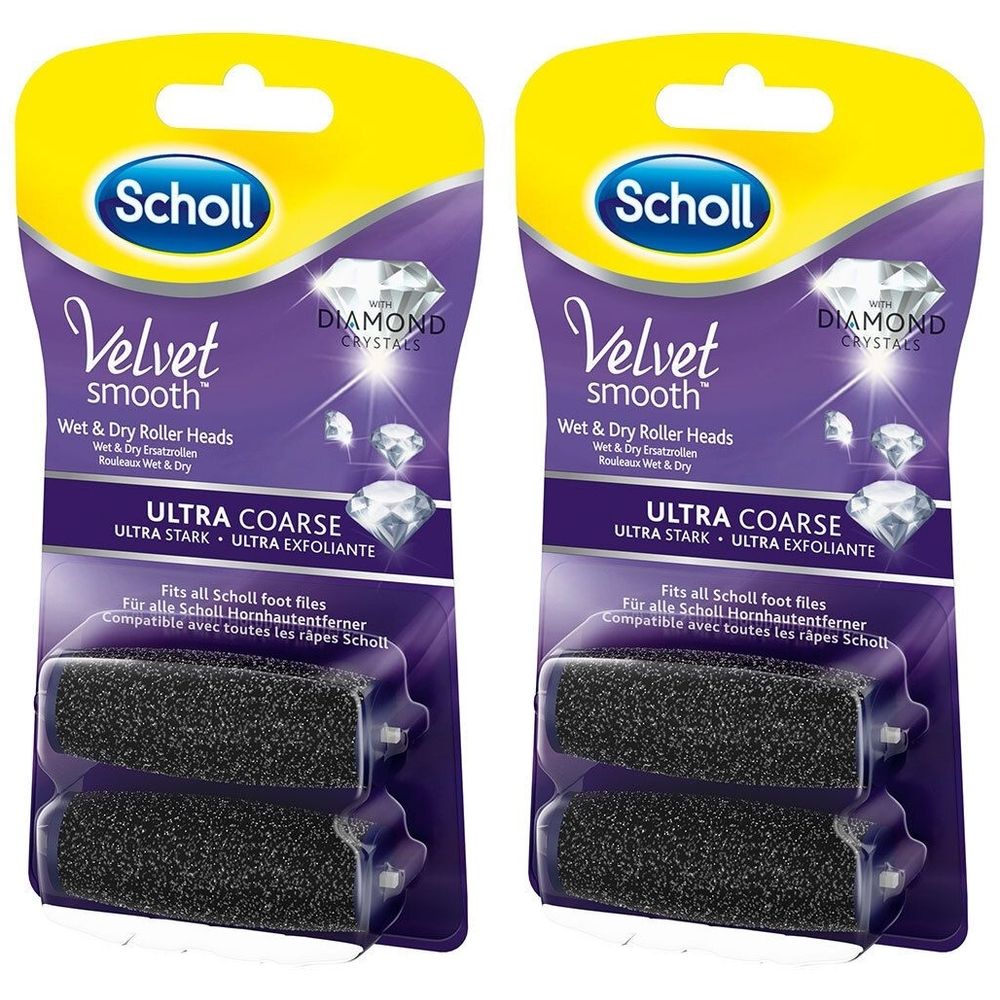 Zwei Packungen Scholl Velvet Smooth Ersatzrollen. Schwarze Rollen, ultra stark. Verpackung mit Produktnamen und Diamant-Kristallen.