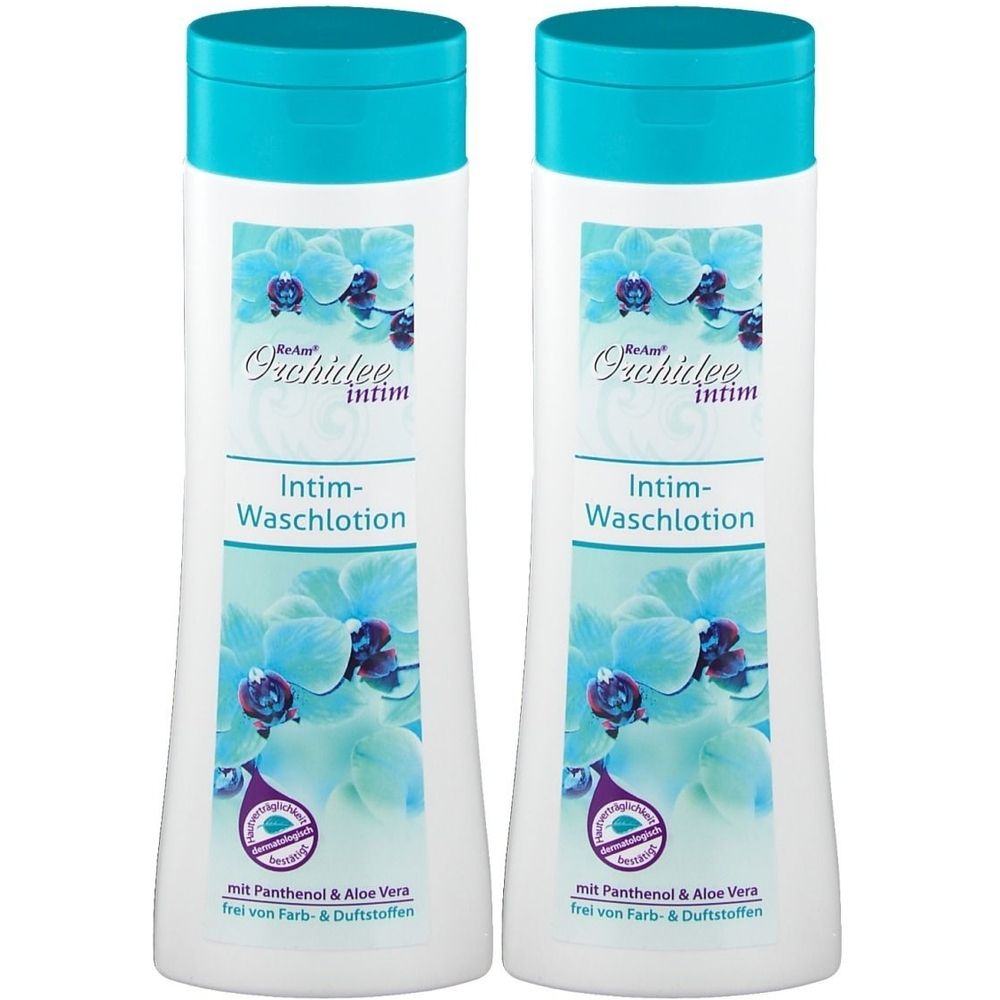 Zwei Flaschen Intim-Waschlotion. Weiße Flaschen mit türkis Deckel. Aufdruck: Orchidee intim, mit Panthenol & Aloe Vera, frei von Farb- & Duftstoffen.