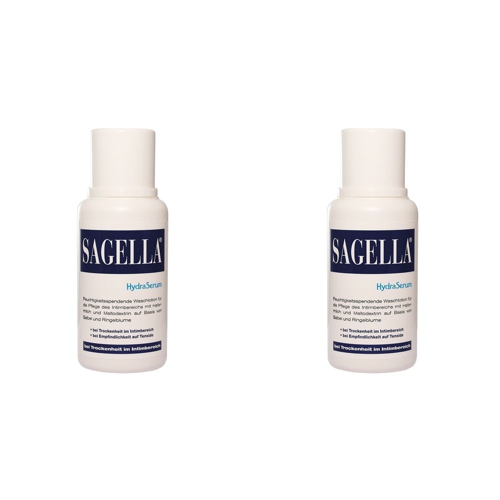 Zwei weiße Flaschen mit dem Logo "SAGELLA". Aufschrift "HydraSerum". Text in deutscher Sprache.