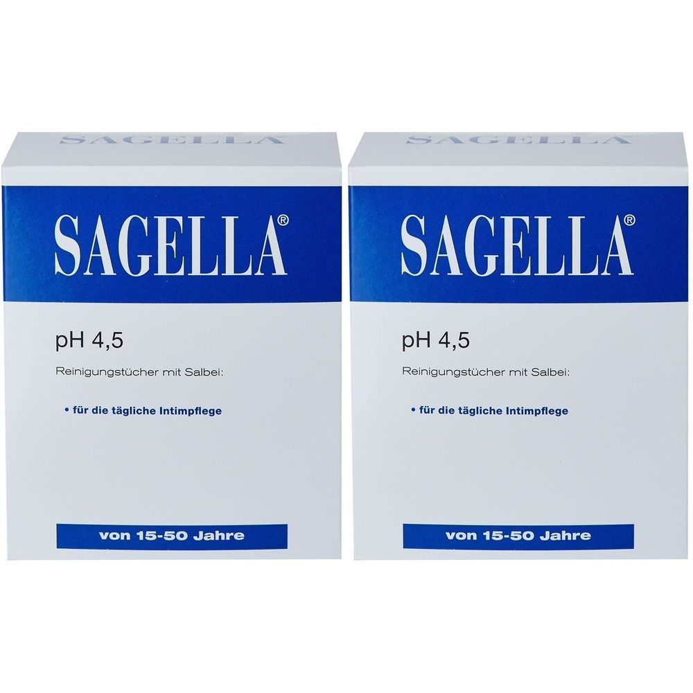 Zwei weiße Kartons mit blauem Streifen. Aufschrift: SAGELLA pH 4,5 Reinigungstücher. Für die tägliche Intimpflege. Geeignet für 15-50 Jahre.