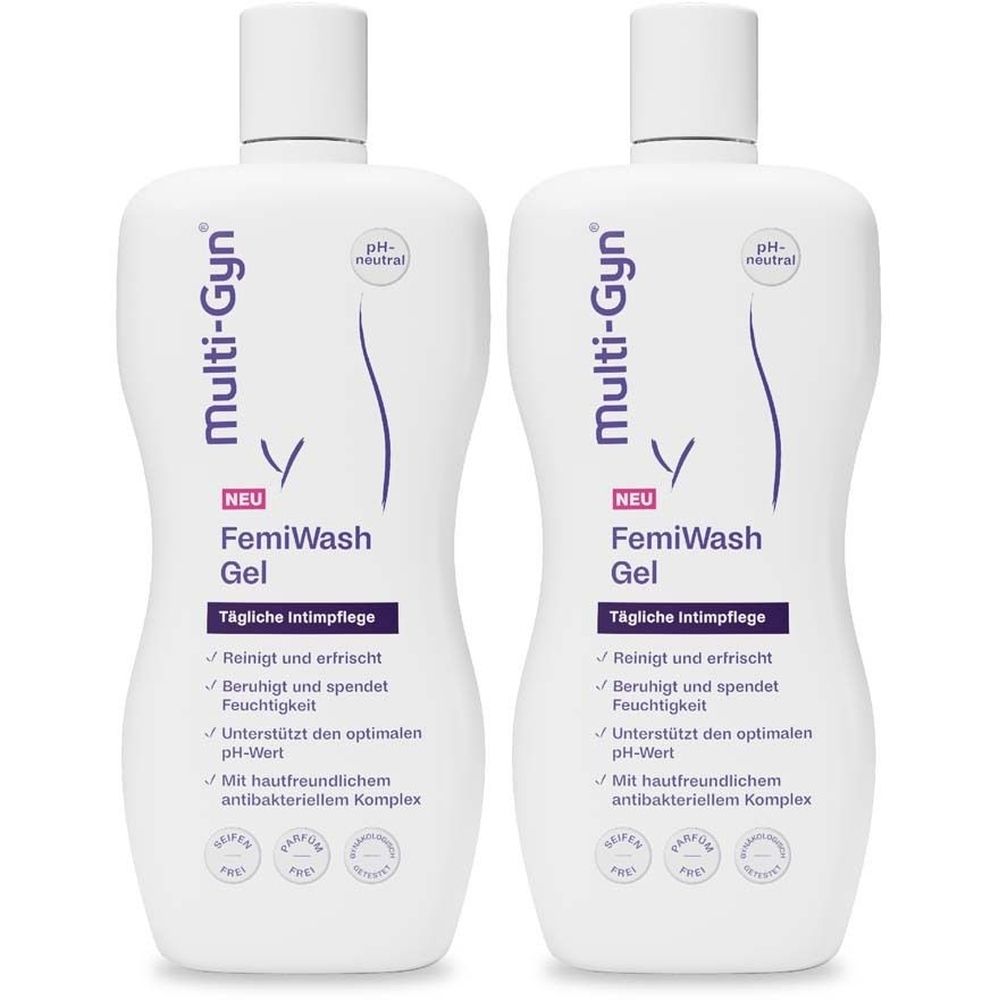 Zwei weiße Flaschen mit weißem Deckel. Aufschrift: Multi-Gyn, FemiWash Gel, tägliche Intimpflege. Mit pH-neutralem Logo.