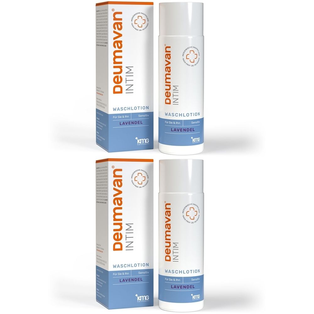 Zwei Packungen und zwei Flaschen. Aufschrift: Deumavan INTIM WASCHLOTION LAVENDEL. Weiße Flaschen mit orangefarbenem Logo.