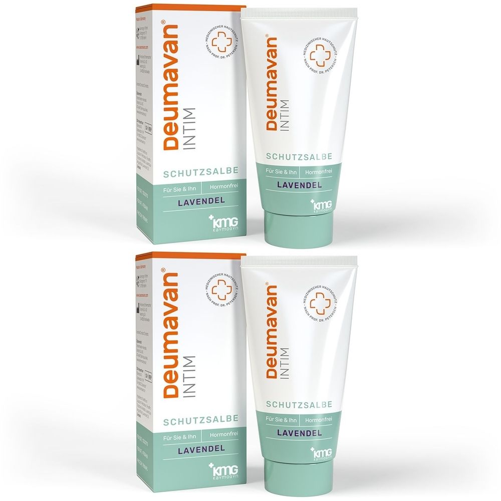 Zwei Tuben und zwei Schachteln. Aufschrift: Deumavan Intim Schutzsalbe Lavendel. Farbgebung: Weiß, Türkis, Orange.