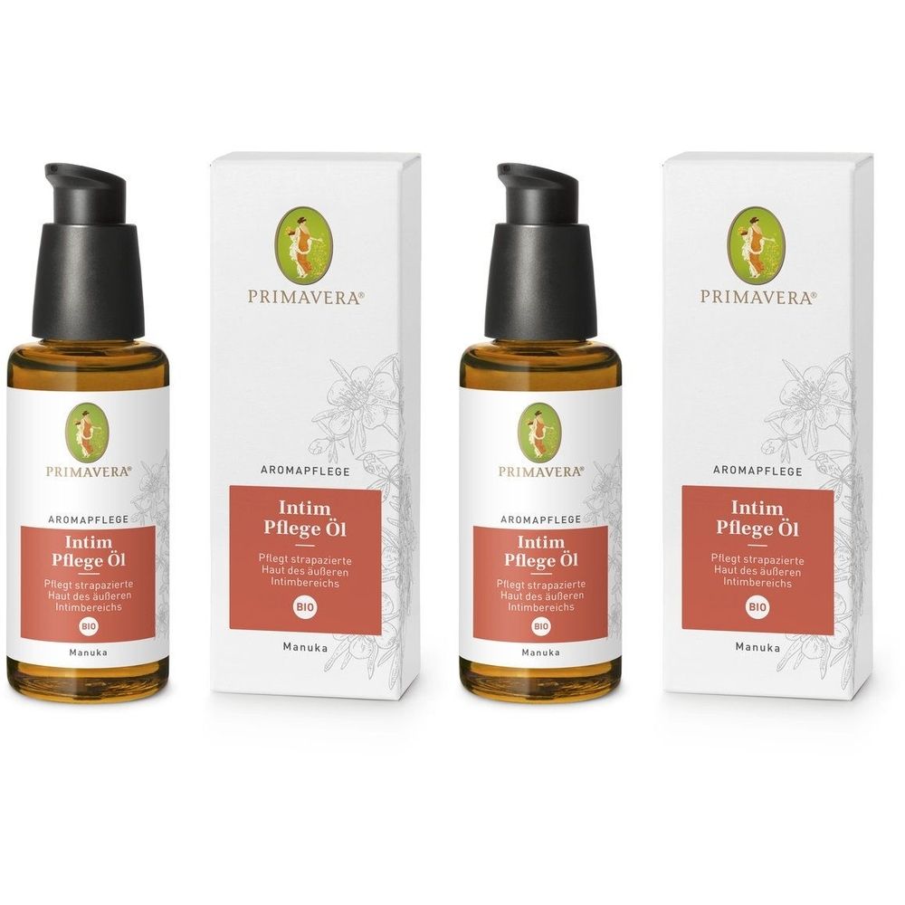 Drei Flaschen Intim Pflege Öl mit Spender und drei Kartons. Aufschrift: PRIMAVERA, Intim Pflege Öl, bio.