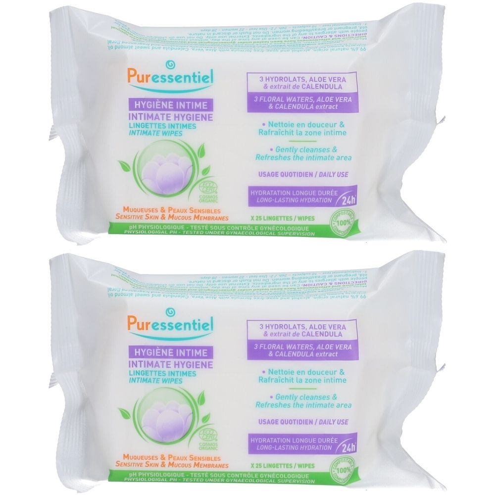 Zwei Packungen Intim-Reinigungstücher. Weiße Verpackung mit lila und grünen Akzenten. Text: Puressentiel, Intimhygiene, 24 Tücher.