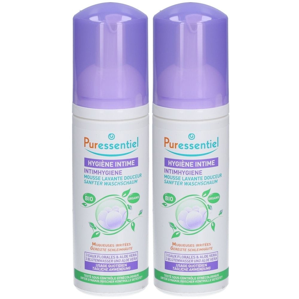 Zwei Flaschen mit lila Deckel. Aufschrift: Puressentiel, Intimhygiene, sanfter Reinigungsschaum. Bio-Zertifizierung.