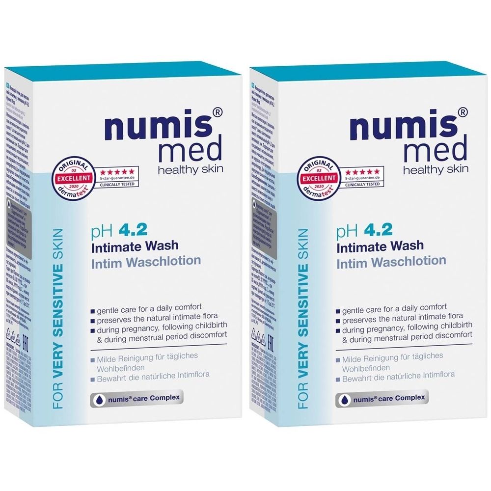 Zwei weiße Kartons mit blauer Schrift. Aufschrift: numis med, pH 4.2 Intimate Wash. Für sehr empfindliche Haut.