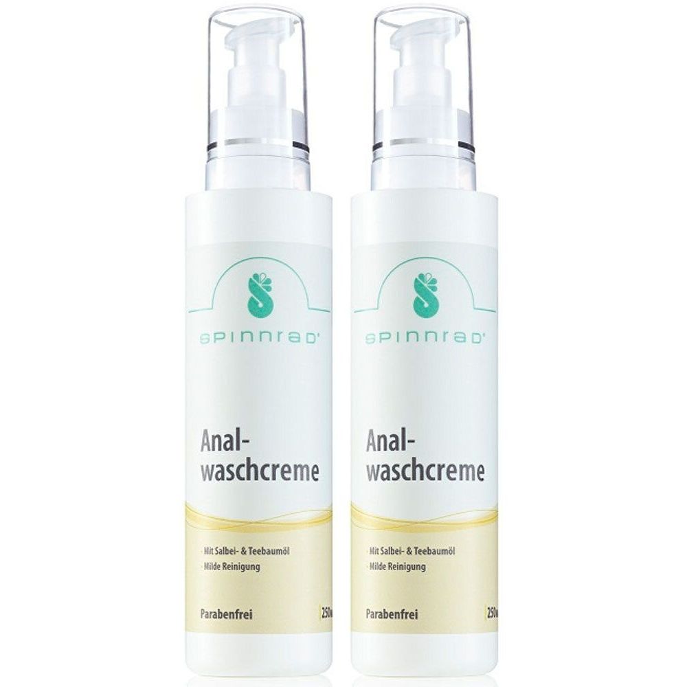 Zwei weiße Flaschen mit Pumpaufsatz. Aufschrift: Spinnrad Anal-Waschcreme. Enthält Salbei- & Teebaumöl. Parabenfrei.