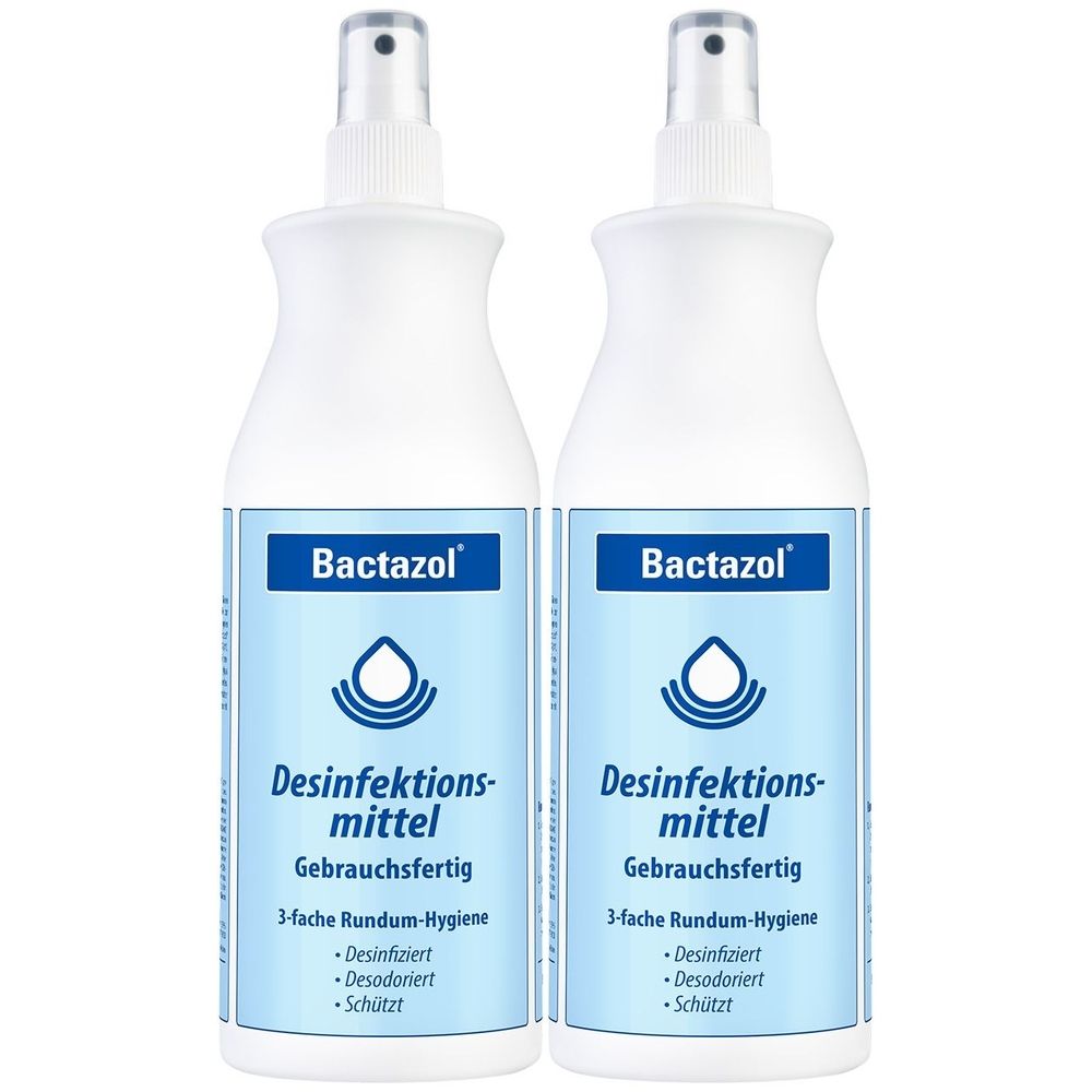 Zwei weiße Sprühflaschen mit blauem Etikett. Aufschrift: Bactazol Desinfektionsmittel, gebrauchsfertig. 3-fache Rundum-Hygiene.
