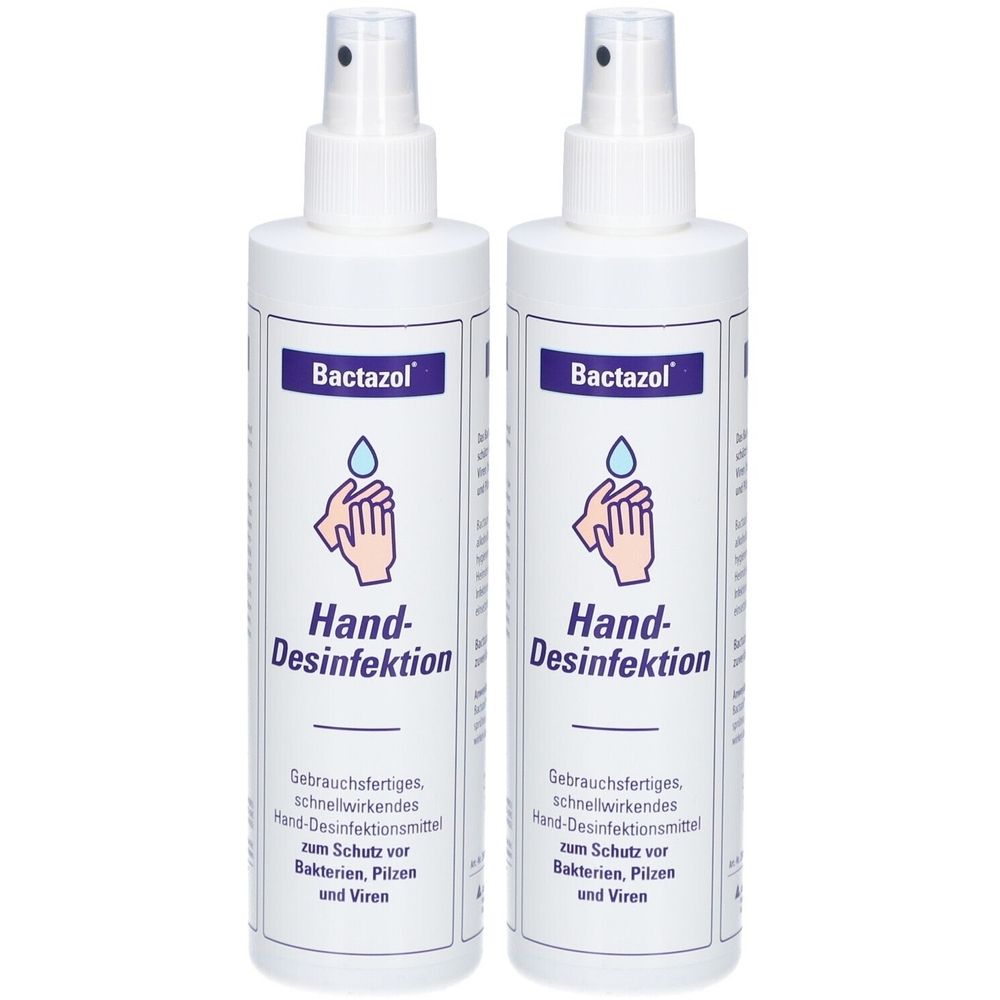 Zwei weiße Sprühflaschen mit Bactazol-Etikett. Aufschrift: Hand-Desinfektion. Abbildung einer Hand mit Tropfen.