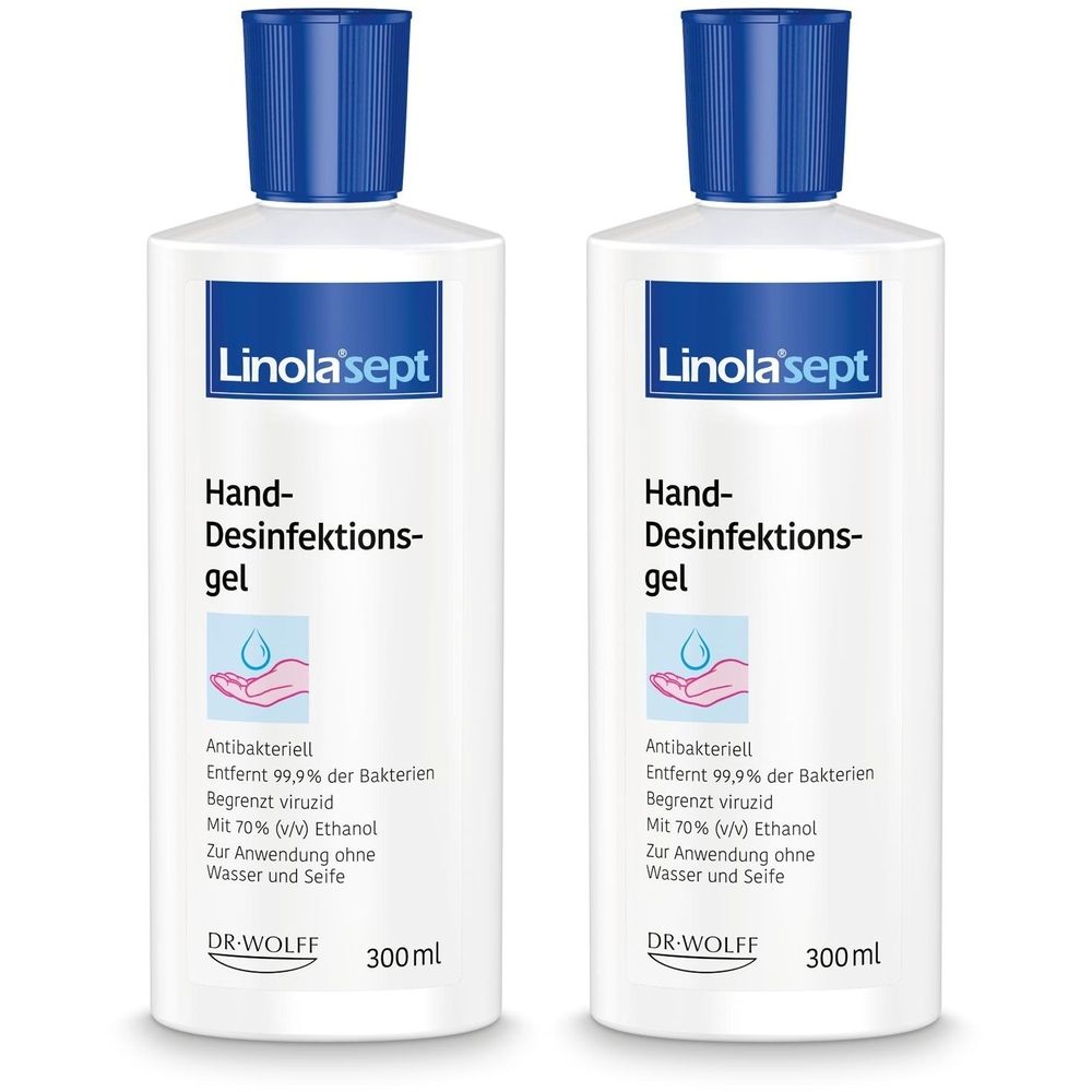 Zwei weiße Flaschen mit blauem Deckel. Aufschrift: Linola sept Hand-Desinfektionsgel. Enthält Informationen zur Zusammensetzung und Menge.