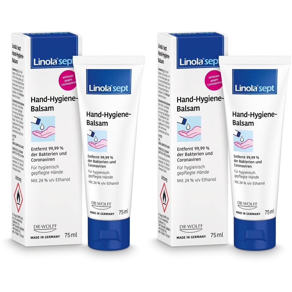 Zwei Tuben und zwei Kartons Linola sept Hand-Hygiene-Balsam. Weiße Tuben mit blauem Verschluss, Kartons mit blauer Schrift.