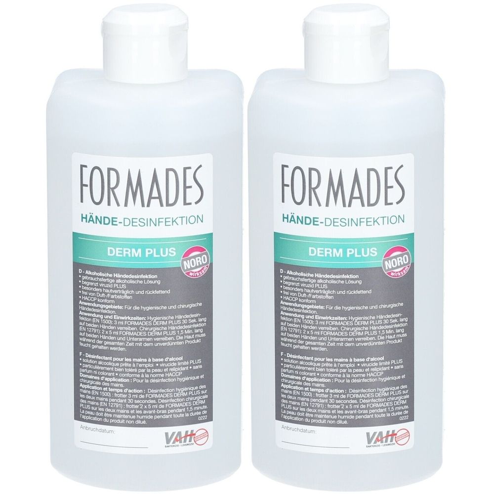 Zwei Flaschen mit weißem Deckel. Aufschrift: FORMADES HÄNDE-DESINFEKTION DERM PLUS. Mit NORO-Siegel und VAH-Logo.