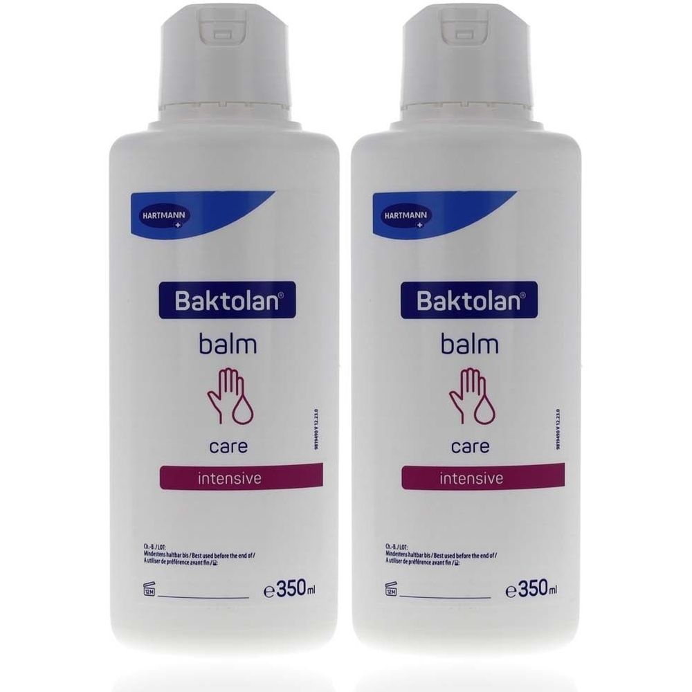 Zwei weiße Flaschen Baktolan® balm. Aufschrift: Baktolan balm, care intensive. Logo: Hand mit Tropfen. 350ml.