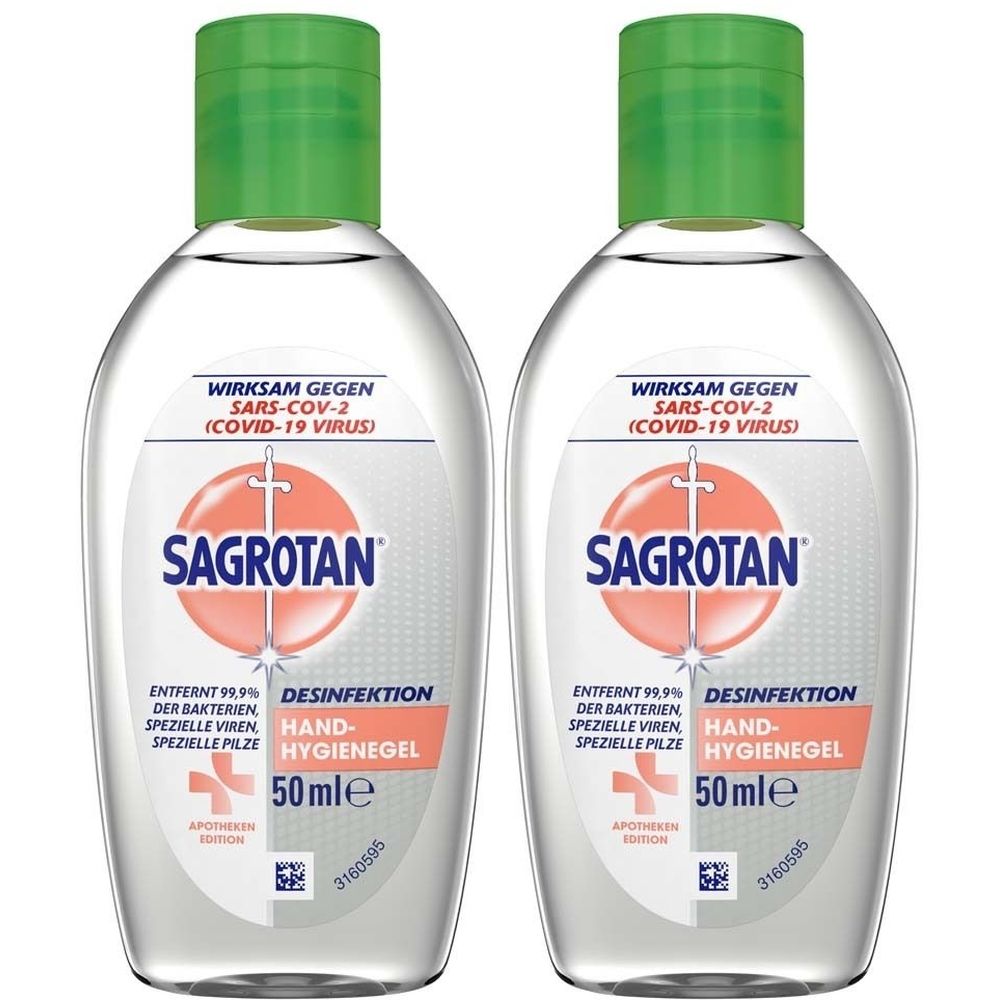 Zwei Flaschen SAGROTAN Handhygiene-Gel. Klare Flüssigkeit in ovalen Flaschen mit grünem Deckel. Aufschrift: Desinfektion, 50 ml.