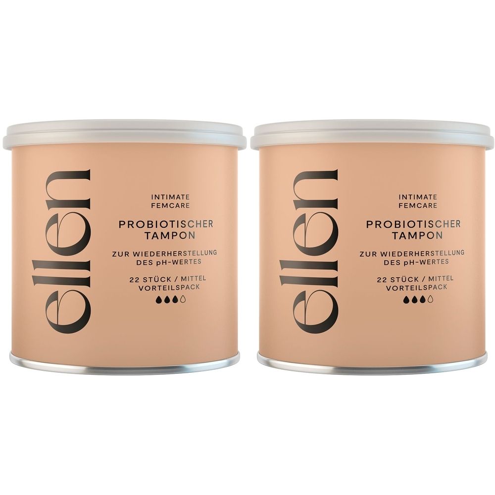 Zwei zylindrische Dosen mit Deckel. Aufschrift "ellen" und "PROBIOTISCHER TAMPON". Text: "ZUR WIEDERHERSTELLUNG DES pH-WERTES".