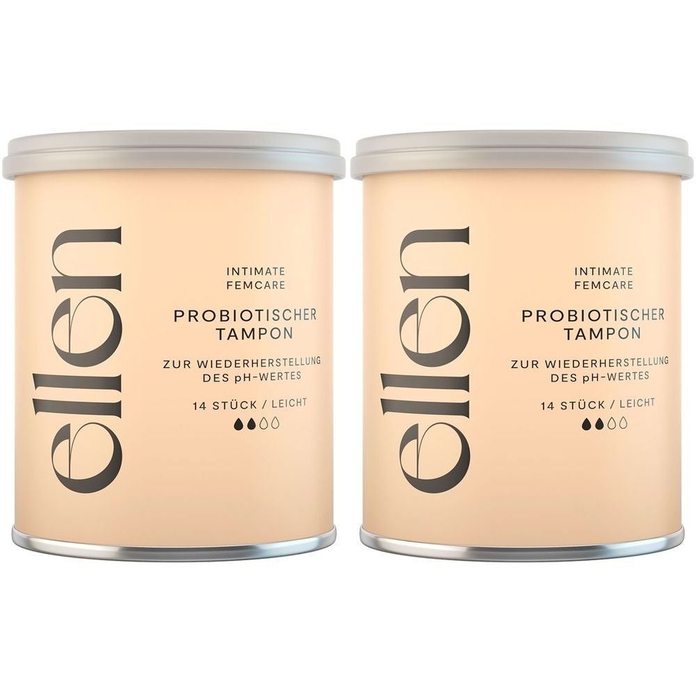 Zwei zylindrische Behälter mit dem Markennamen "ellen". Aufschrift: "PROBIOTISCHER TAMPON", "14 Stück / leicht".
