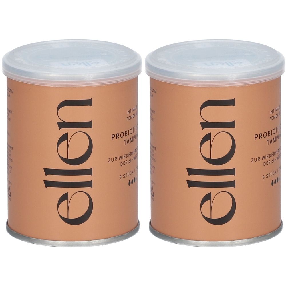 Zwei zylindrische Behälter mit Deckel. Aufschrift "ellen" und "PROBIOTICHE TAMPONS". Braune Verpackung.