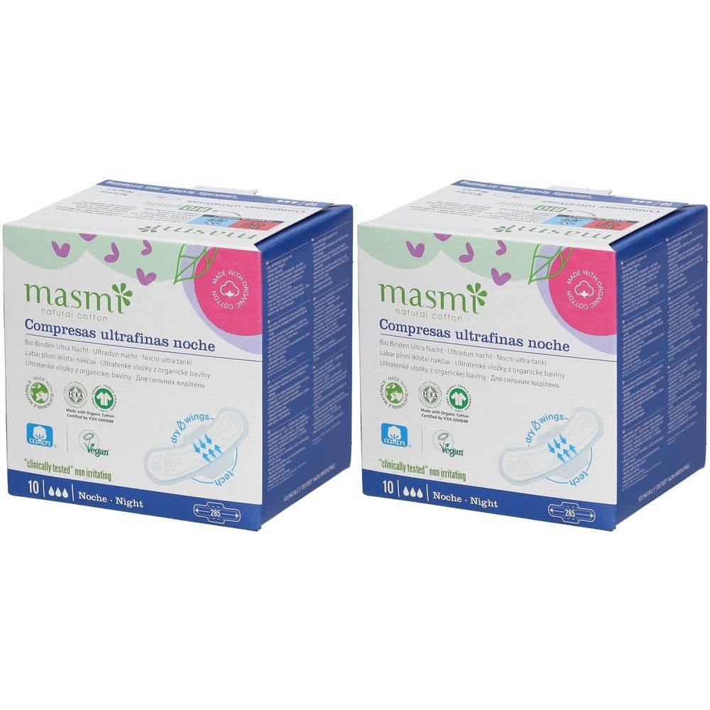 Zwei Kartons mit masmi Bio Damenbinden Ultra Night. Aufdruck: Compresas ultrafinas noche, 10 Stück, mit Flügeln.