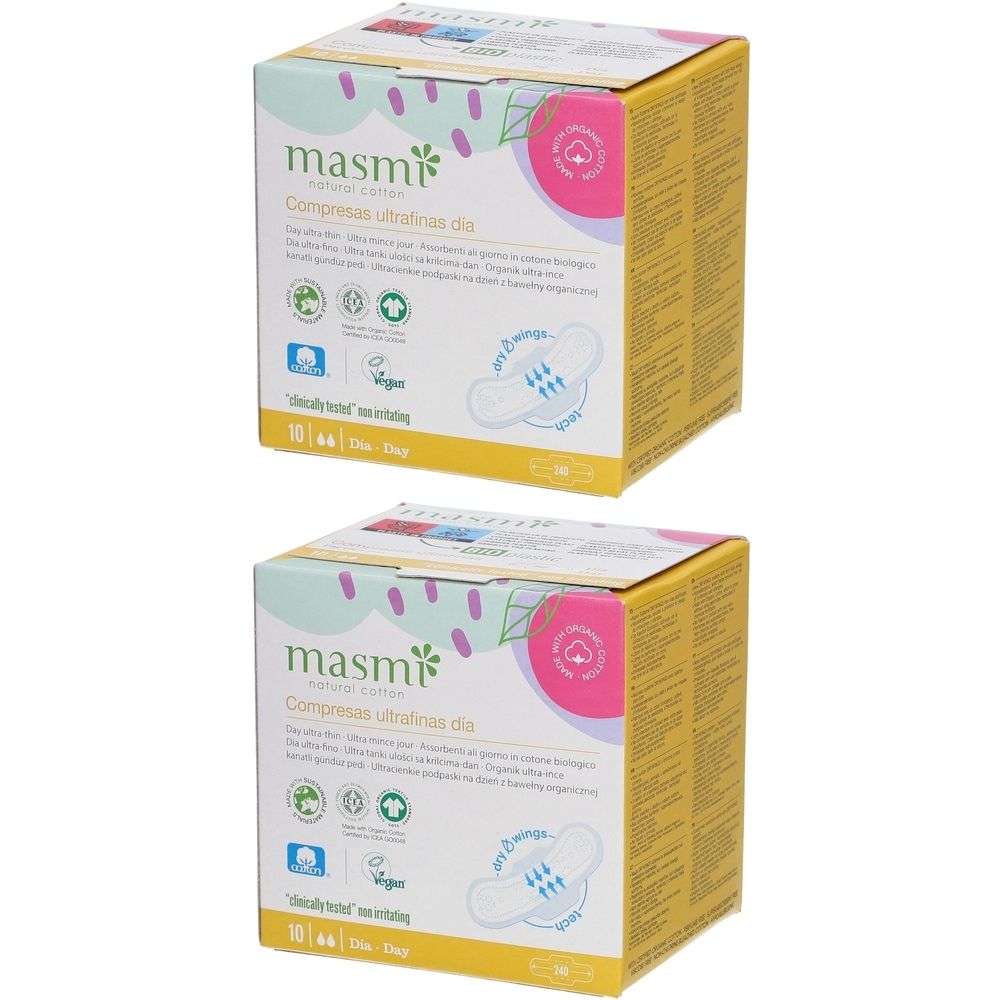 Zwei quadratische Kartons mit masmi Bio Damenbinden Ultra Day. Aufdrucke: Marke, Produktname, Zertifizierungen, Abbildung einer Binde.