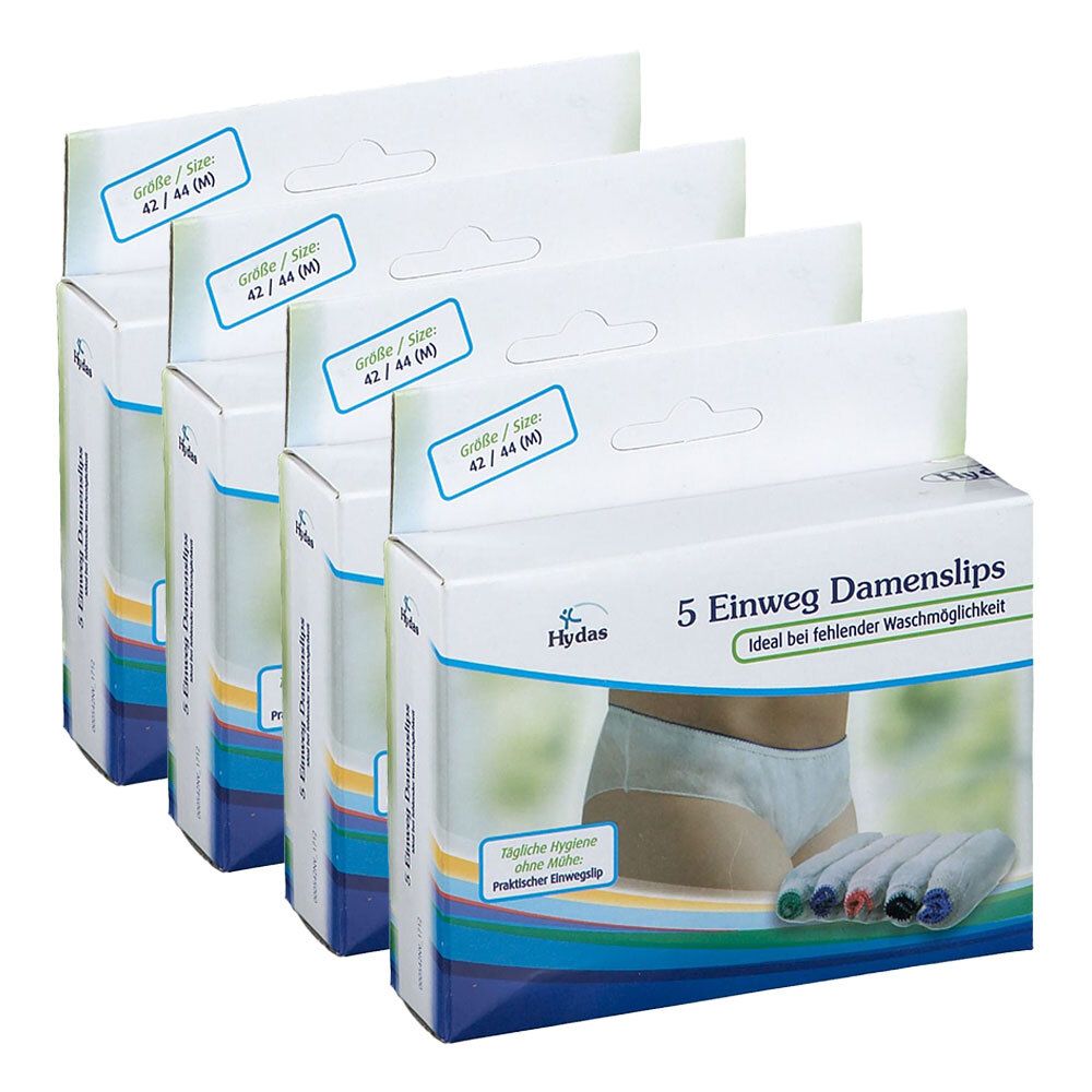 Verpackung mit 5 Einweg Damenslips, Größe 42/44. Marke Hydas. Ideal bei fehlender Waschmöglichkeit. Weiße Kartons mit blauer Beschriftung.