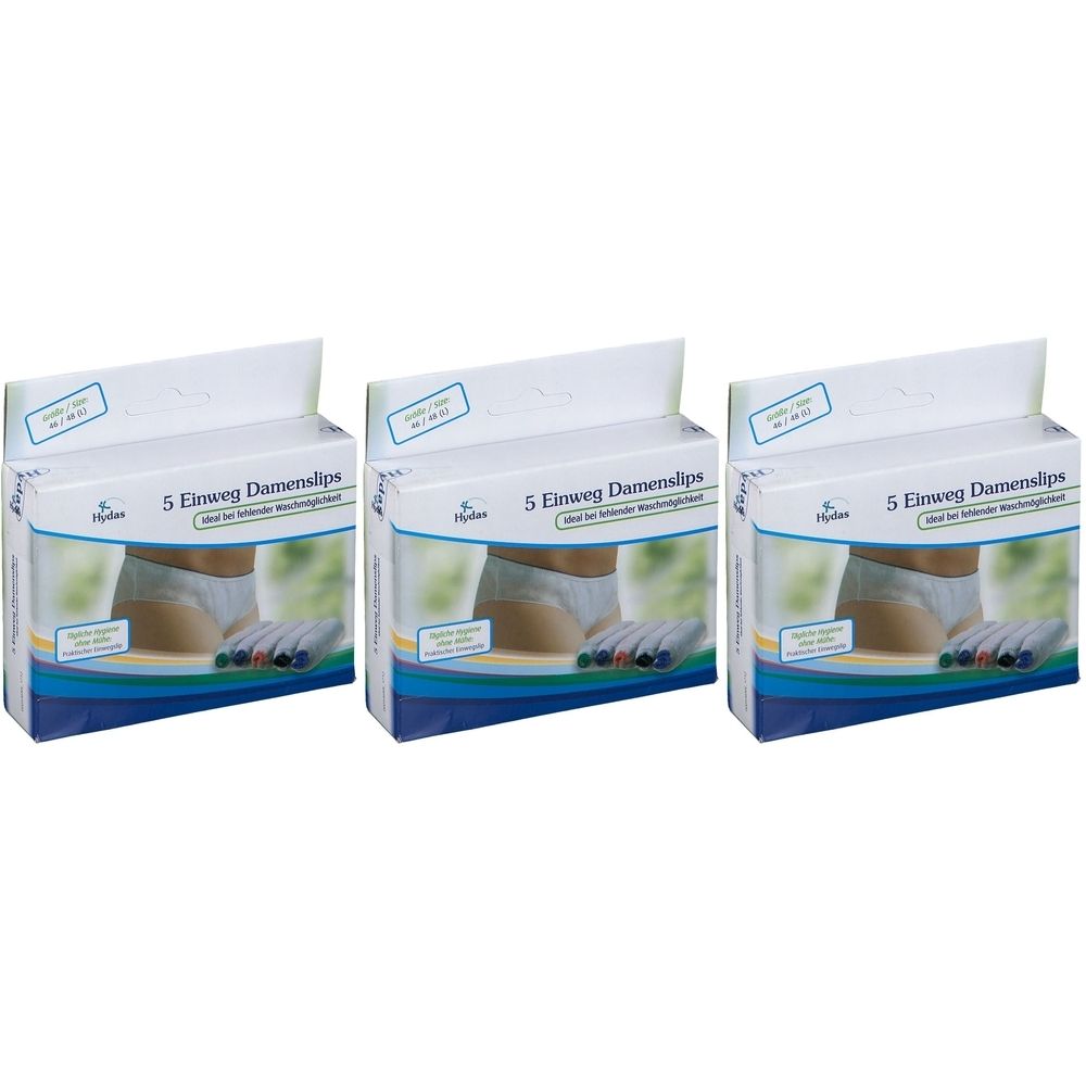 Drei Packungen Einweg-Damenslips. Weiße Verpackung mit Produktabbildung und Text. Aufschrift: 5 Einweg Damenslips.
