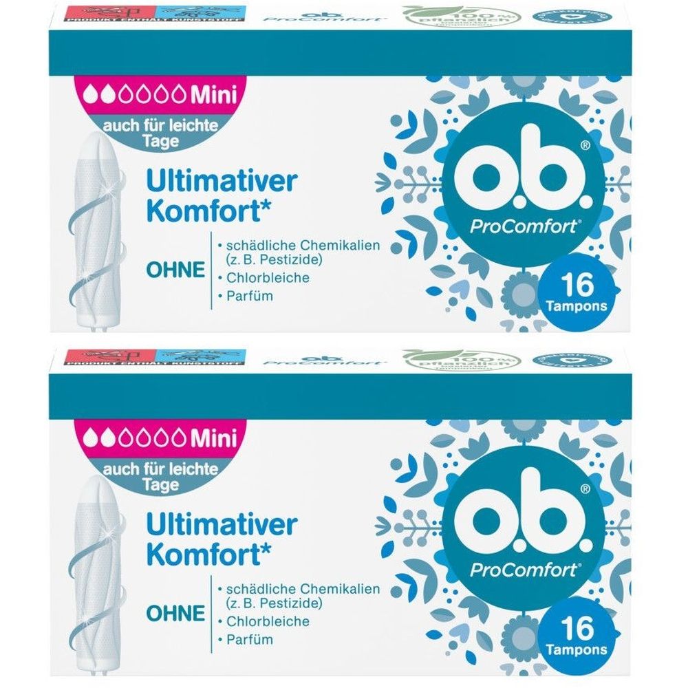 Zwei Packungen o.b.® ProComfort® Mini Tampons. Jede Packung enthält 16 Tampons. Aufschrift: Ultimativer Komfort, ohne schädliche Chemikalien, Chlorbleiche, Parfüm.