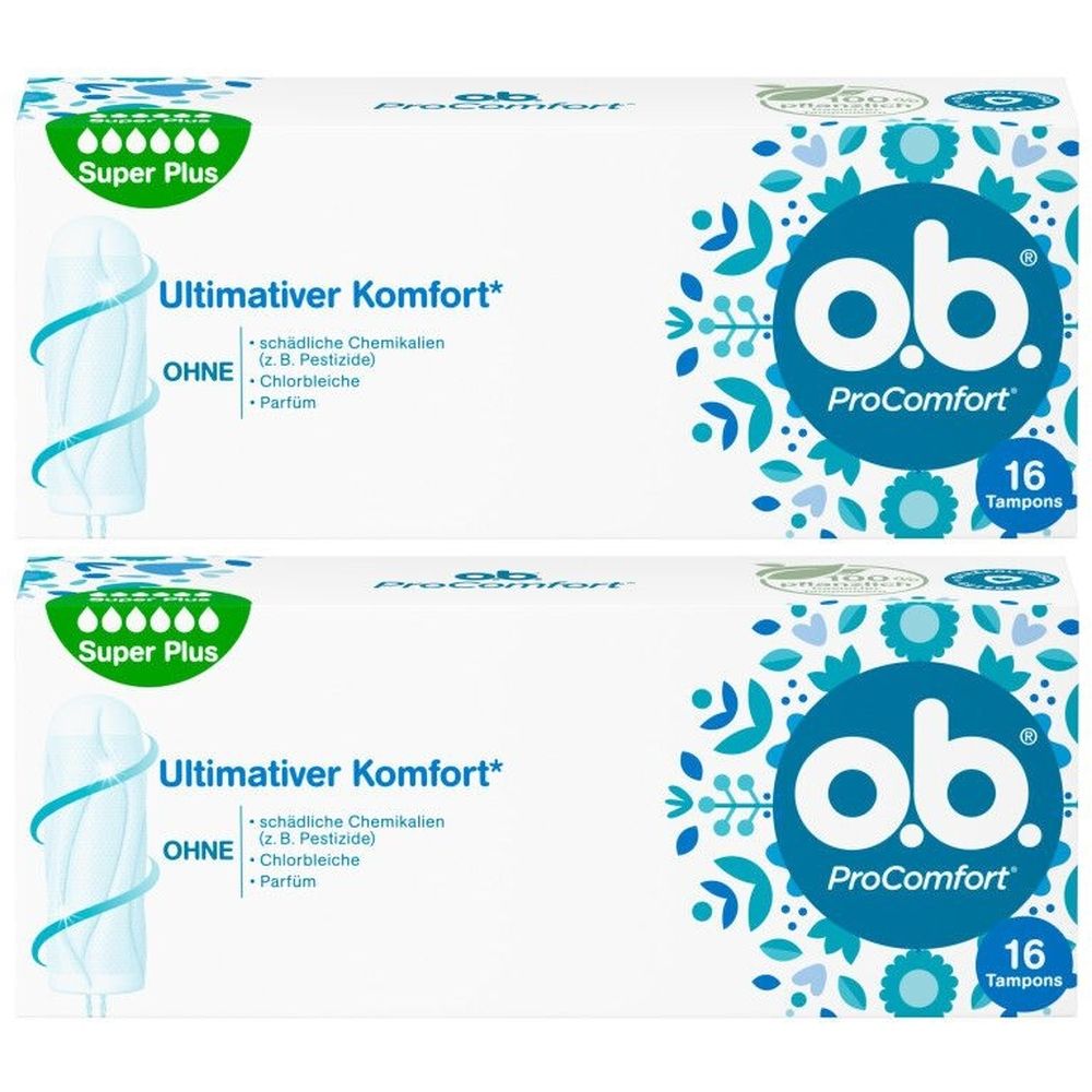 Zwei Packungen o.b. ProComfort Super Plus Tampons. Weiße Verpackung mit blauem Logo und floralem Muster. 16 Tampons pro Packung.