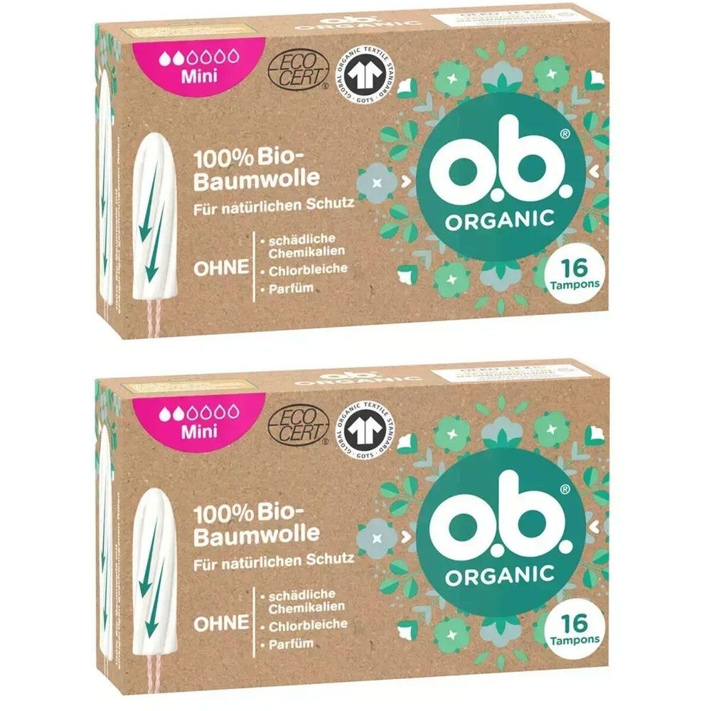 Zwei Kartons o.b.® Organic Mini Tampons. Aufdruck: 100% Bio-Baumwolle, ohne Chemikalien, Chlorbleiche, Parfum. 16 Tampons.