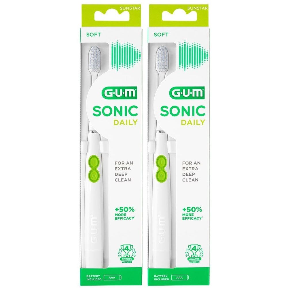 Zwei elektrische Zahnbürsten in Verpackung. Weiß, grün. Aufschrift: GUM SONIC DAILY. Mit Batterien. Weiche Borsten.