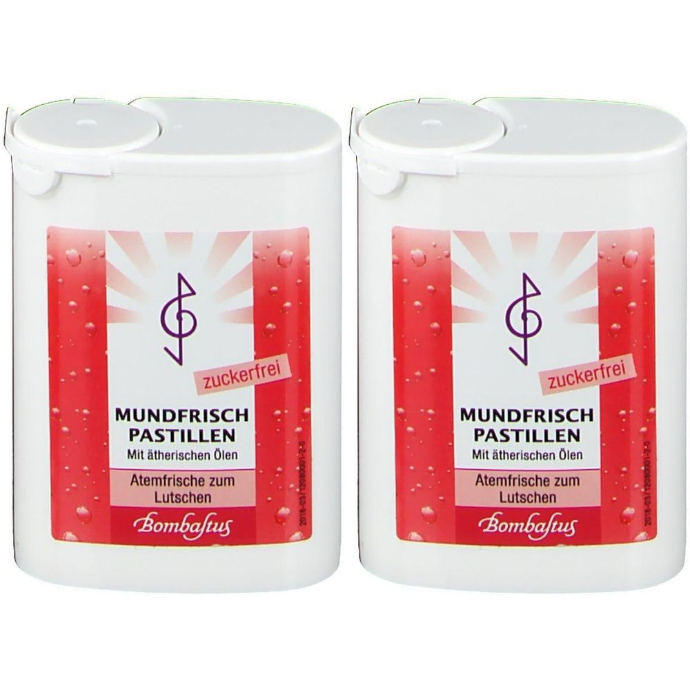 Zwei weiße Behälter mit rotem Etikett. Aufschrift: Mundfrisch Pastillen, zuckerfrei, mit ätherischen Ölen. Marke: Bombastus.