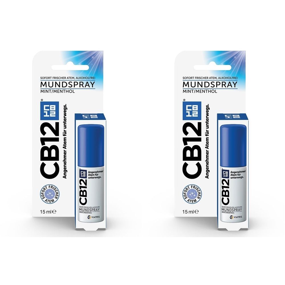 Zwei CB12 Mundsprays. Blaue Sprühflasche mit weißer Verpackung. Aufschrift: Mundspray, Mint/Menthol, CB12.