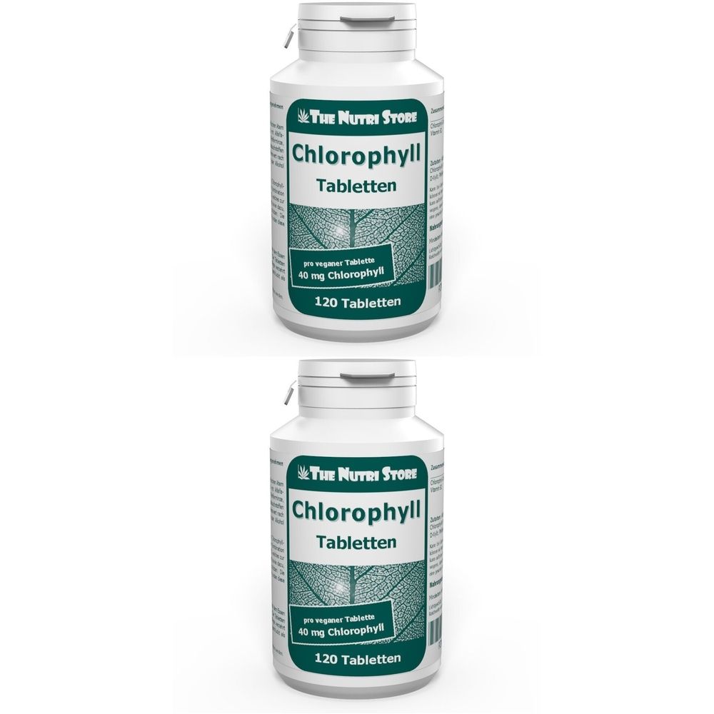 Zwei weiße Flaschen mit Chlorophyll Tabletten. Aufschrift: Chlorophyll Tabletten, 40 mg Chlorophyll, 120 Tabletten.