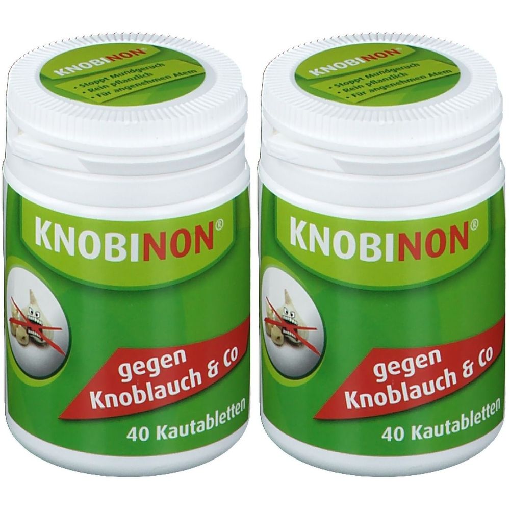 Zwei weiße Dosen mit grünem Etikett. Aufschrift: KNOBINON, gegen Knoblauch & Co, 40 Kautabletten. Deckel mit Schriftzug.