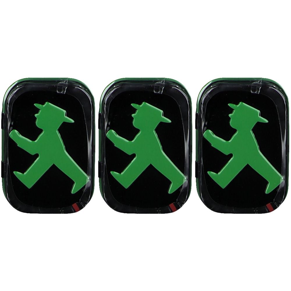 Drei rechteckige, schwarze Dosen mit grünem Ampelmännchen-Motiv. Deckel mit abgerundeten Ecken.