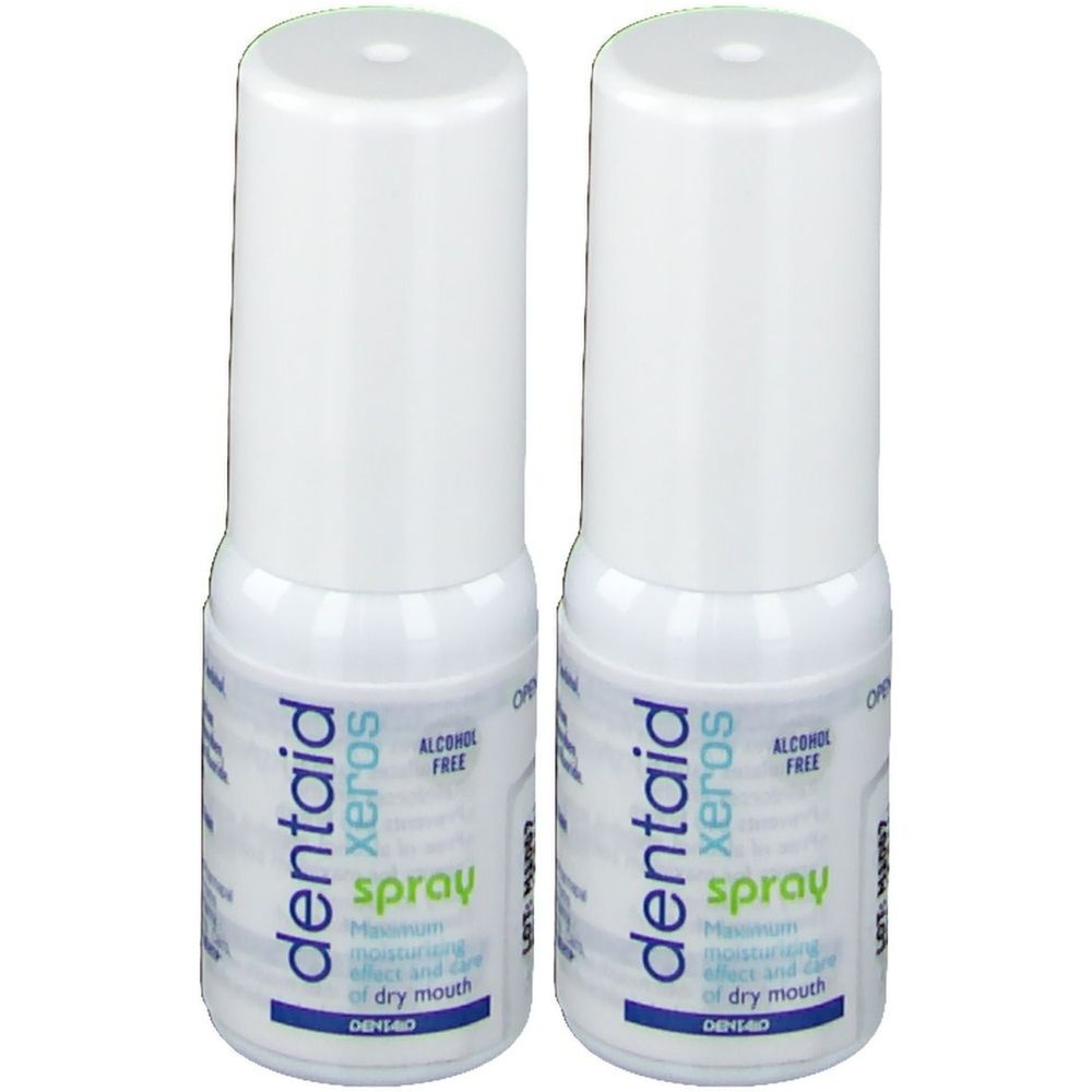 Zwei weiße Sprühflaschen mit weißen Kappen. Aufschrift: dentaid xeros spray. Alkohol frei. Für trockenen Mund.