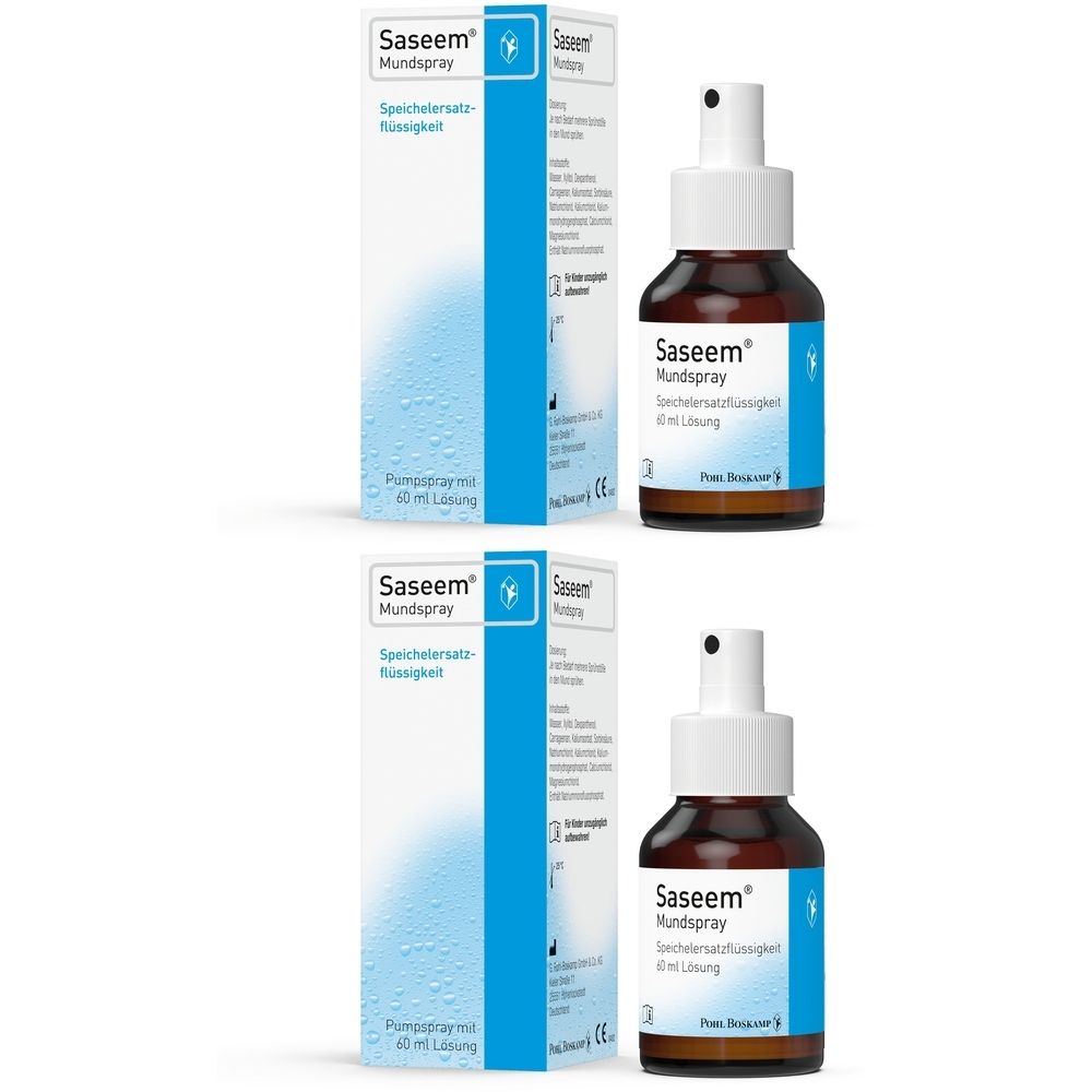 Zwei Flaschen und Verpackungen. Braune Flaschen mit weißem Sprühkopf. Blaue und weiße Verpackung mit Produktnamen.