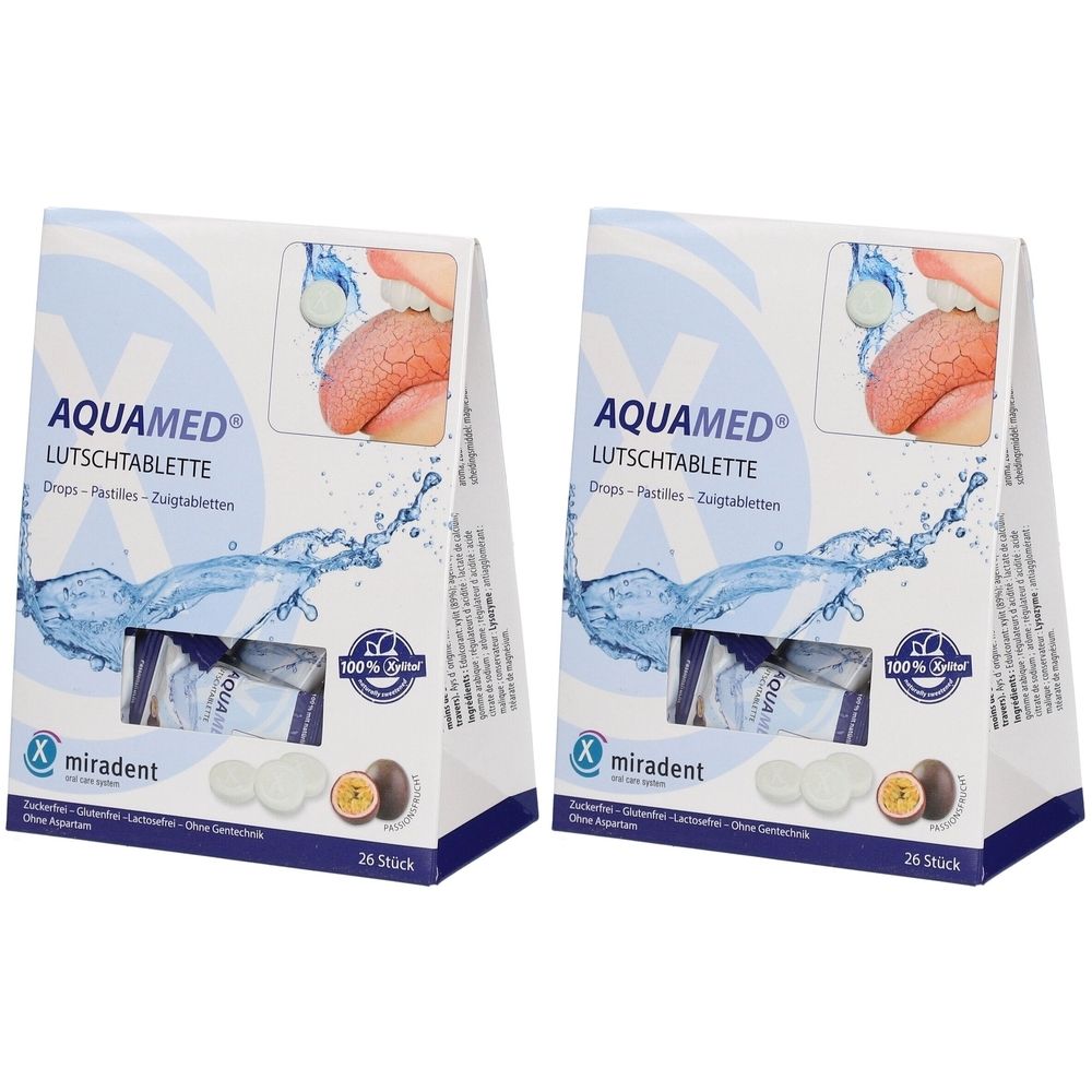 Zwei Packungen miradent Aquamed Lutschtabletten. Weiße Tabletten, Abbildung eines Mundes. Verpackung mit Logo und Produktbezeichnung.