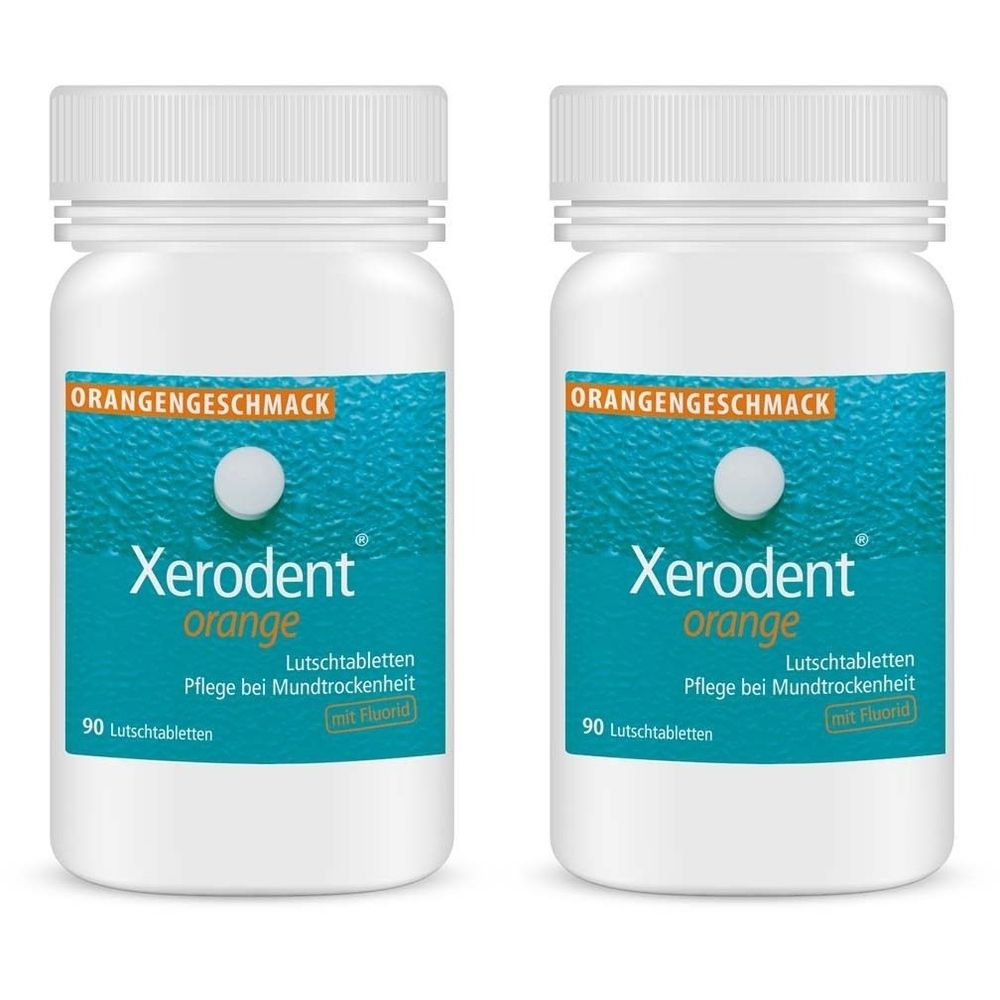 Zwei weiße Flaschen mit Schraubverschluss. Aufschrift: Xerodent orange, Lutschtabletten, Pflege bei Mundtrockenheit. Orangefarbener Schriftzug: Orangengeschmack.
