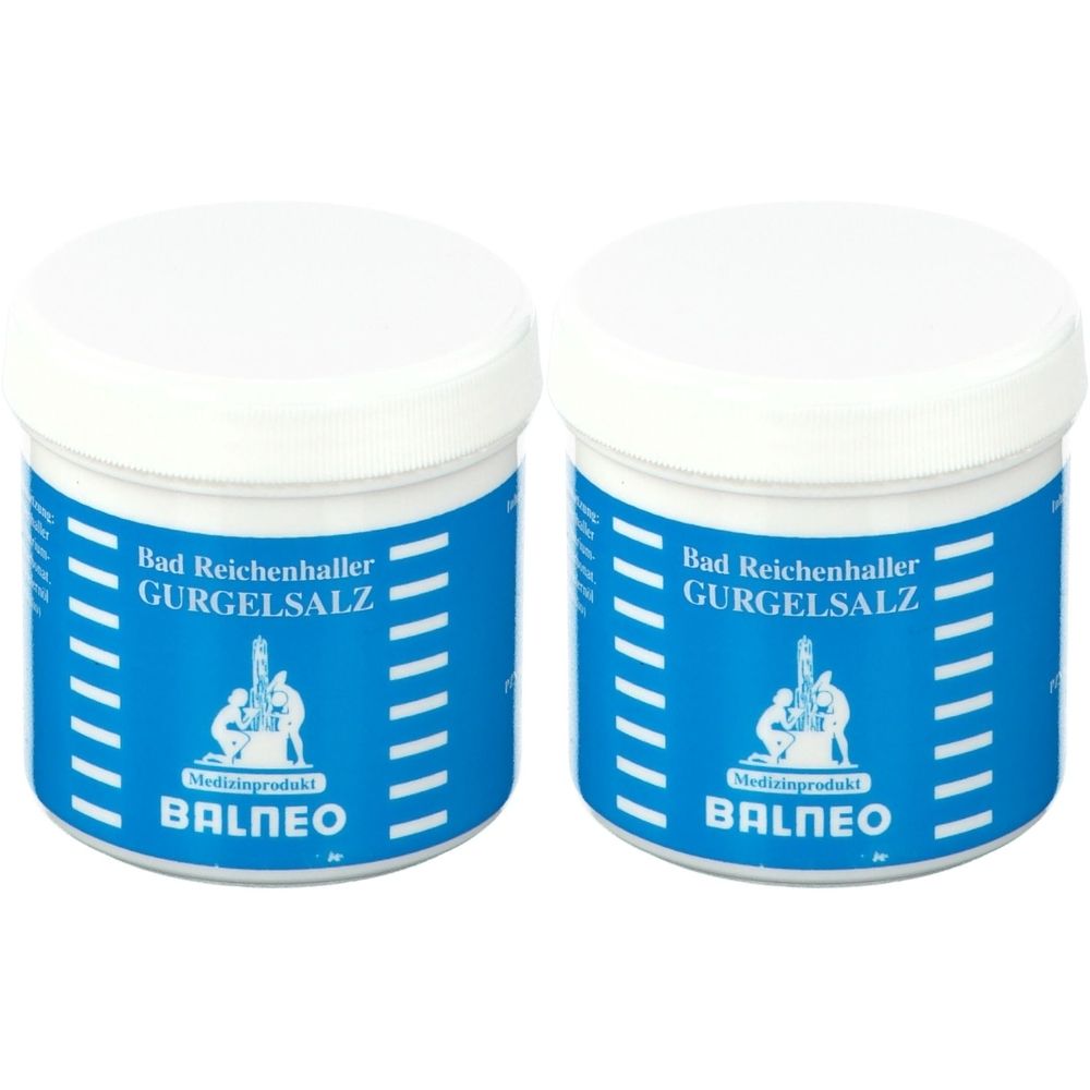 Zwei weiße Dosen mit blauem Etikett. Aufschrift: Bad Reichenhaller Gurgelsalz, Balneo. Medizinprodukt.