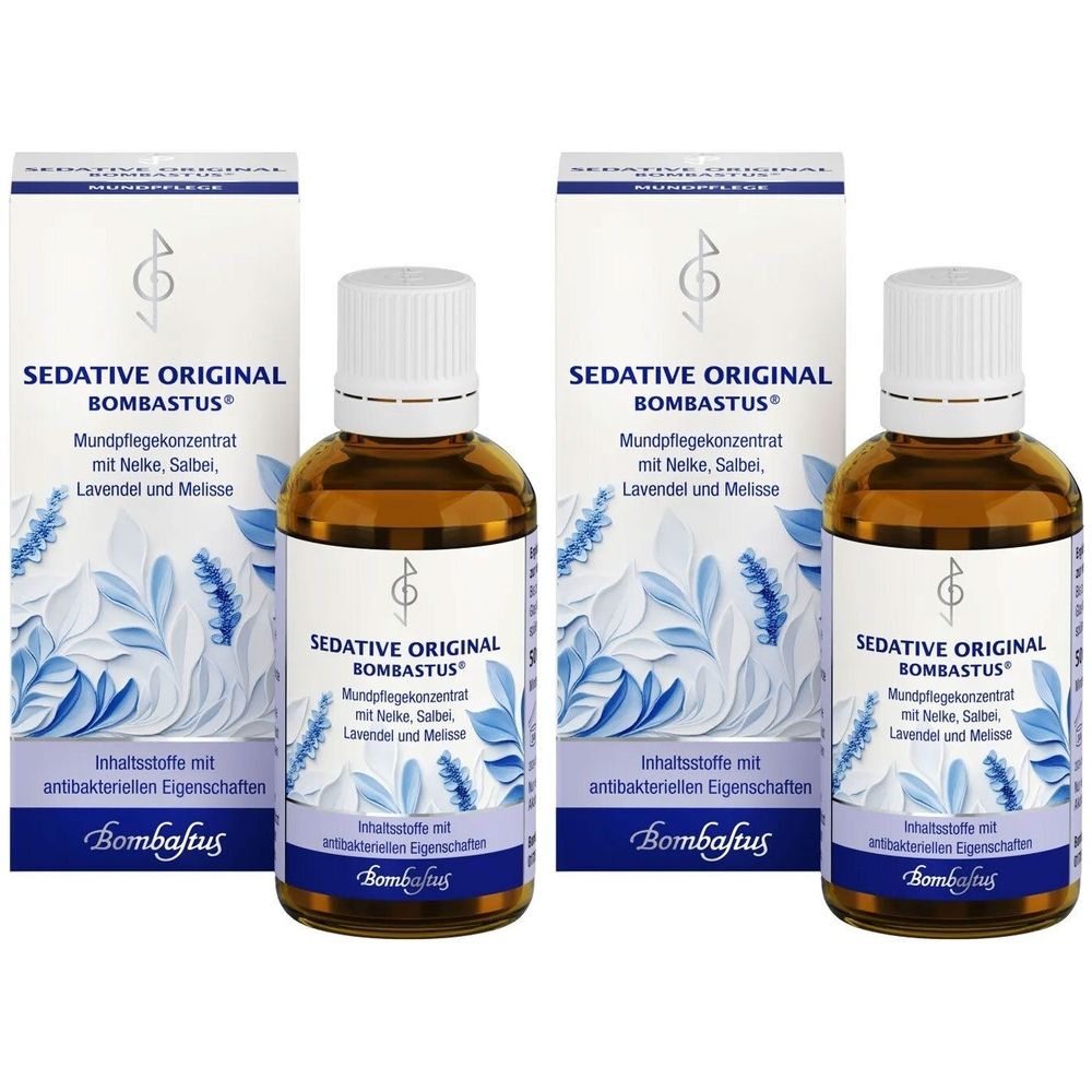 Zwei Flaschen und zwei Schachteln. Aufschrift: SEDATIVE ORIGINAL BOMBASTUS. Mundpflegekonzentrat. Inhaltsstoffe mit antibakteriellen Eigenschaften.