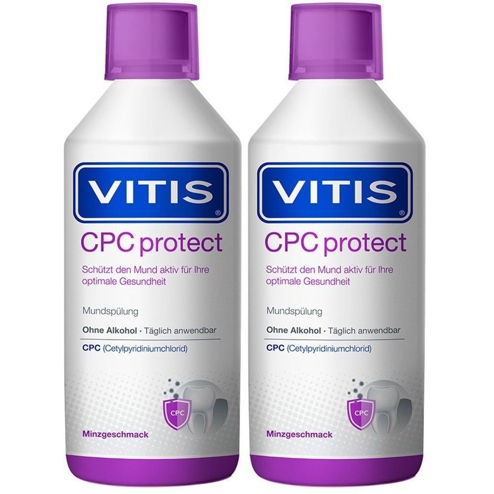 Zwei Flaschen VITIS CPC protect Mundspülung. Weiße Flaschen mit lila Deckel. Blaue Etiketten mit weißer Schrift. Enthält CPC.