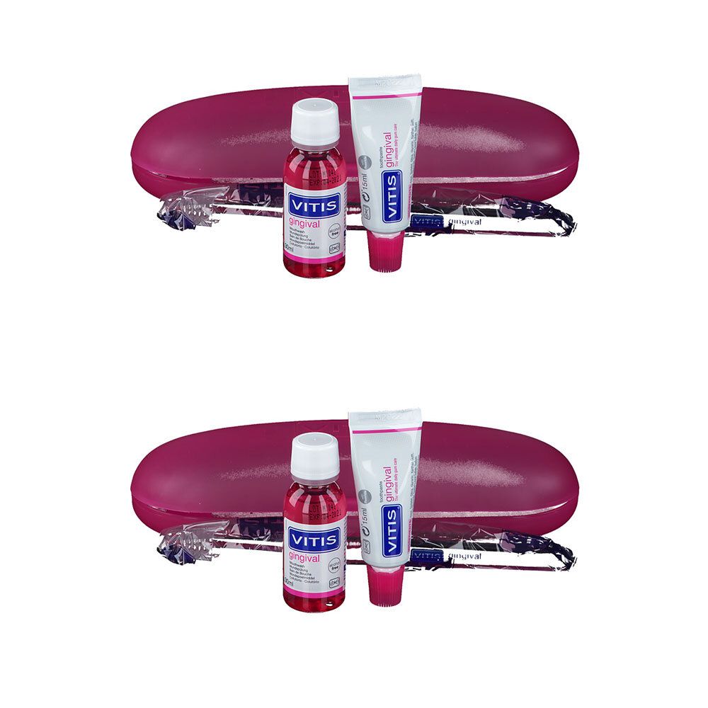 Set mit Mundspülung, Zahnpasta und Zahnbürste. Die Produkte sind in einer rosa Hülle angeordnet. Die Marke VITIS ist sichtbar.