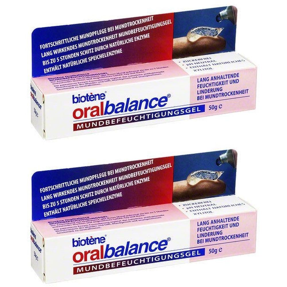 Zwei Packungen biotène oralbalance Mundbefeuchtungsgel. Weiße Schachteln mit blauer und roter Beschriftung. Produktname deutlich sichtbar.